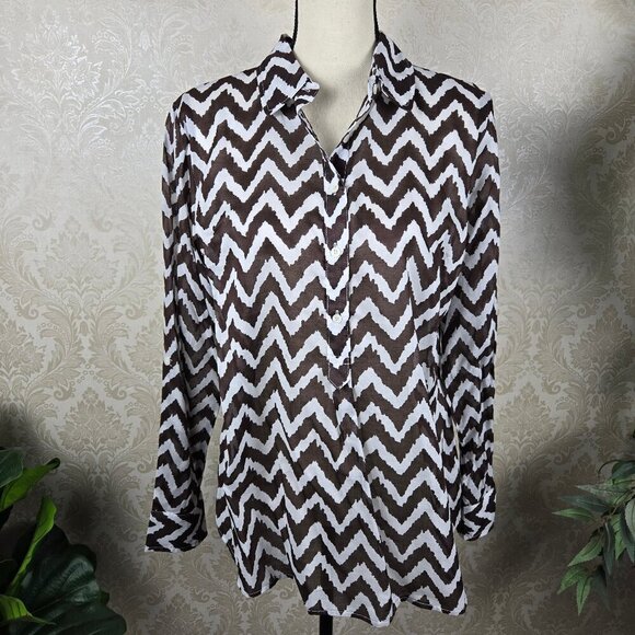 Dalia Collection Size Large Brown White Chevron Stripe Button Front Shirt NWT - Picture 1 of 15